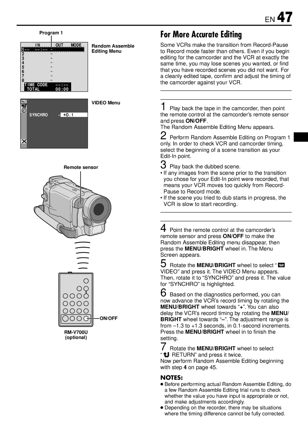 JVC GR-DVL220 For More Accurate Editing, Diagnosing VCR/CAMCORDER Timing, Adjustment of VCR/CAMCORDER Timing, Program 