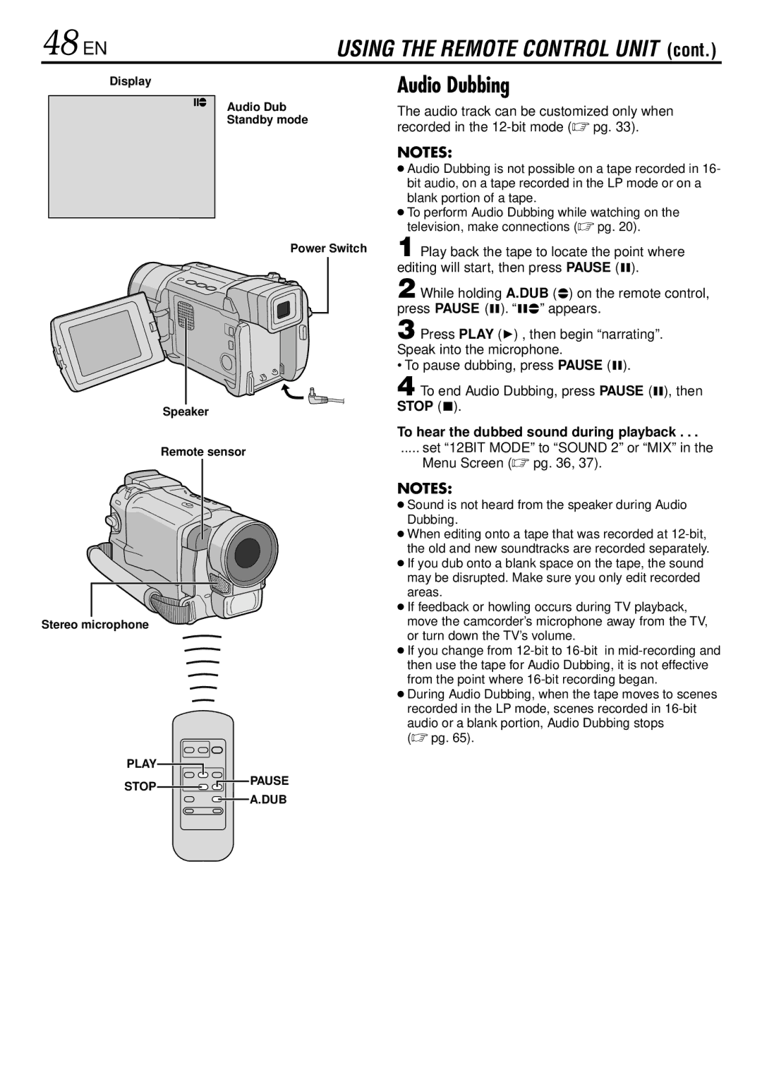 JVC GR-DVL220 specifications 48 EN, Audio Dubbing, To hear the dubbed sound during playback 