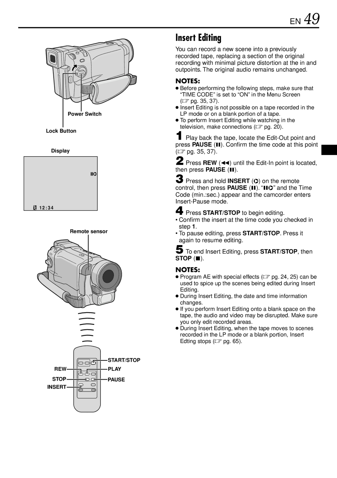 JVC GR-DVL220 specifications Insert Editing, Lock Button Display 