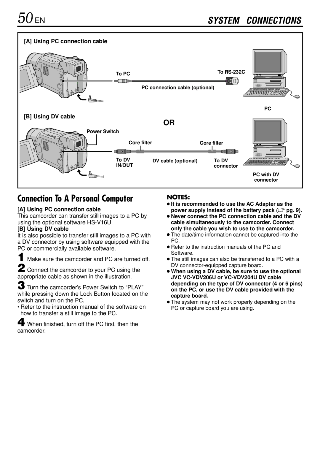 JVC GR-DVL220 specifications 50 EN, Using PC connection cable, Using DV cable 