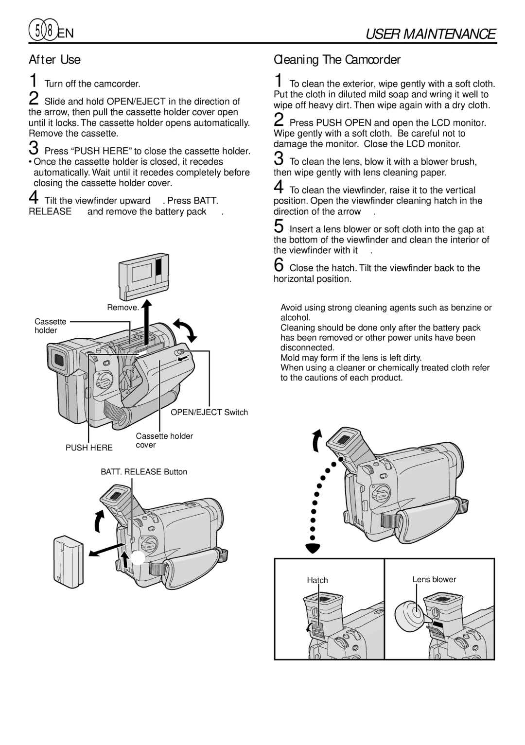 JVC GR-DVL220 specifications 58 EN, After Use, Cleaning The Camcorder 