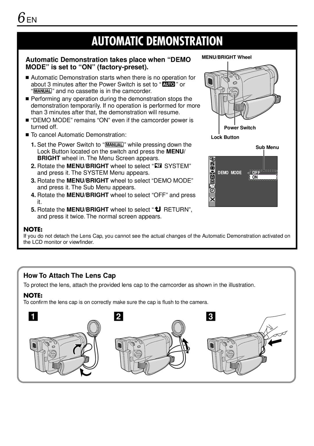 JVC GR-DVL220 Automatic Demonstration takes place when Demo, Mode is set to on factory-preset, How To Attach The Lens Cap 