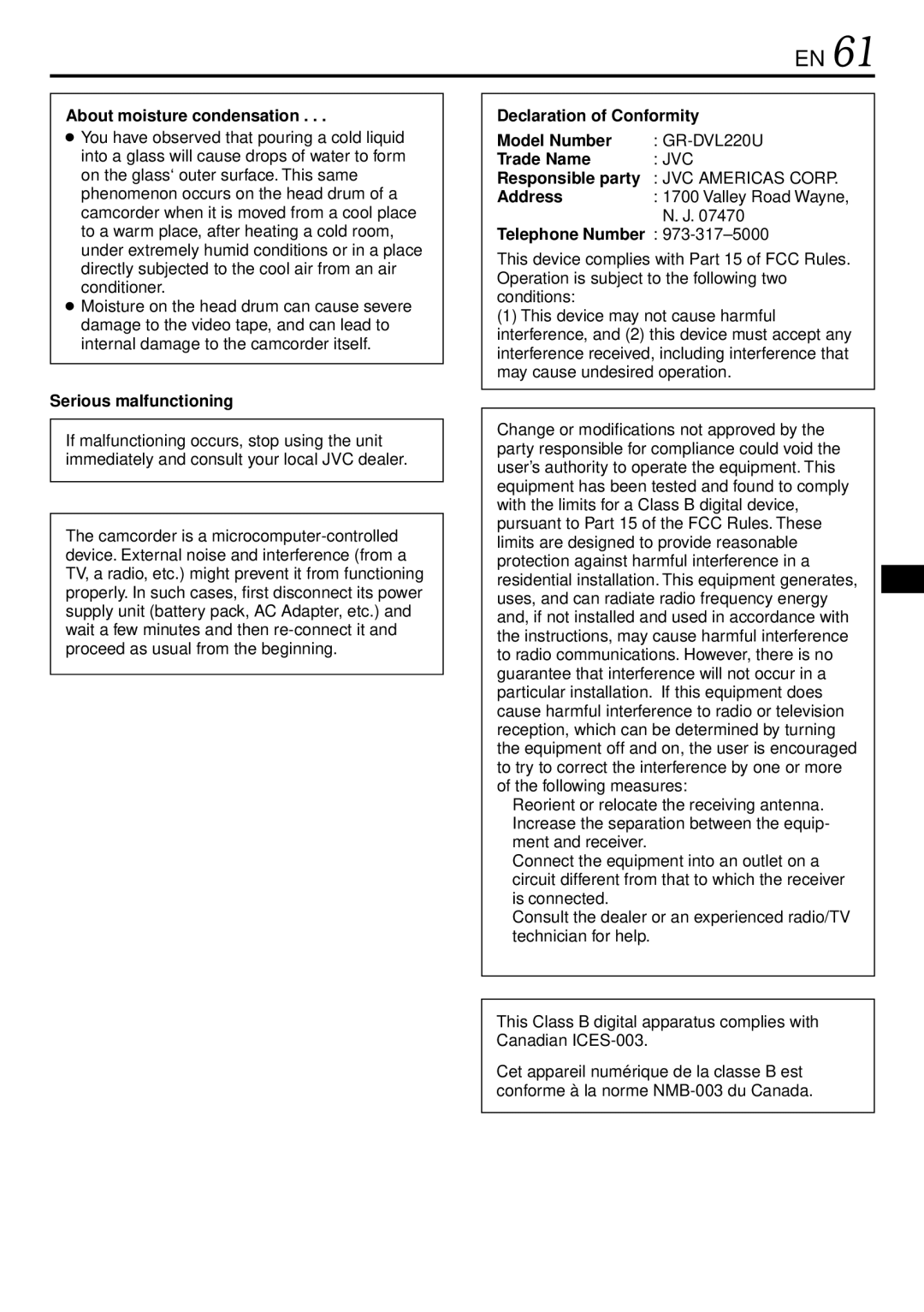 JVC GR-DVL220 About moisture condensation, Serious malfunctioning, Declaration of Conformity Model Number, Trade Name 
