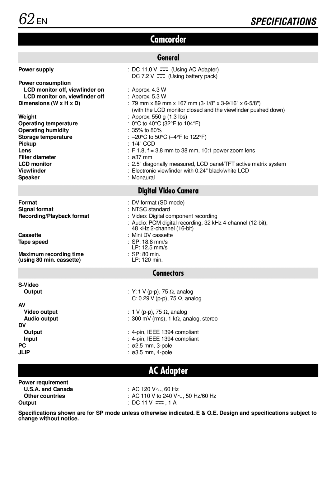 JVC GR-DVL220 specifications 62 EN 