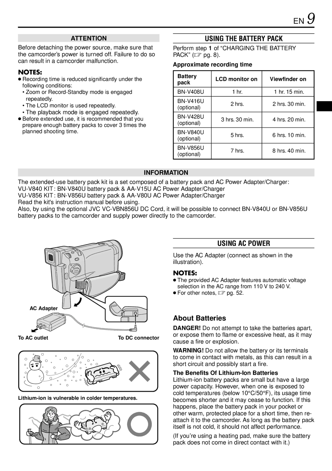 JVC GR-DVL220 specifications Using the Battery Pack, Using AC Power, About Batteries, Approximate recording time 