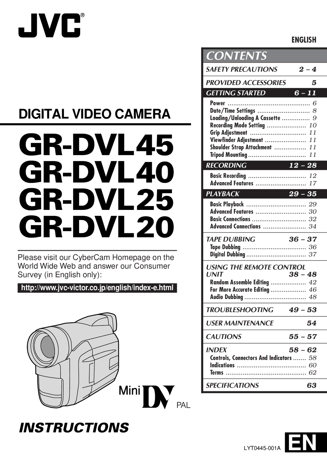 JVC specifications GR-DVL45 GR-DVL40 GR-DVL25 GR-DVL20 