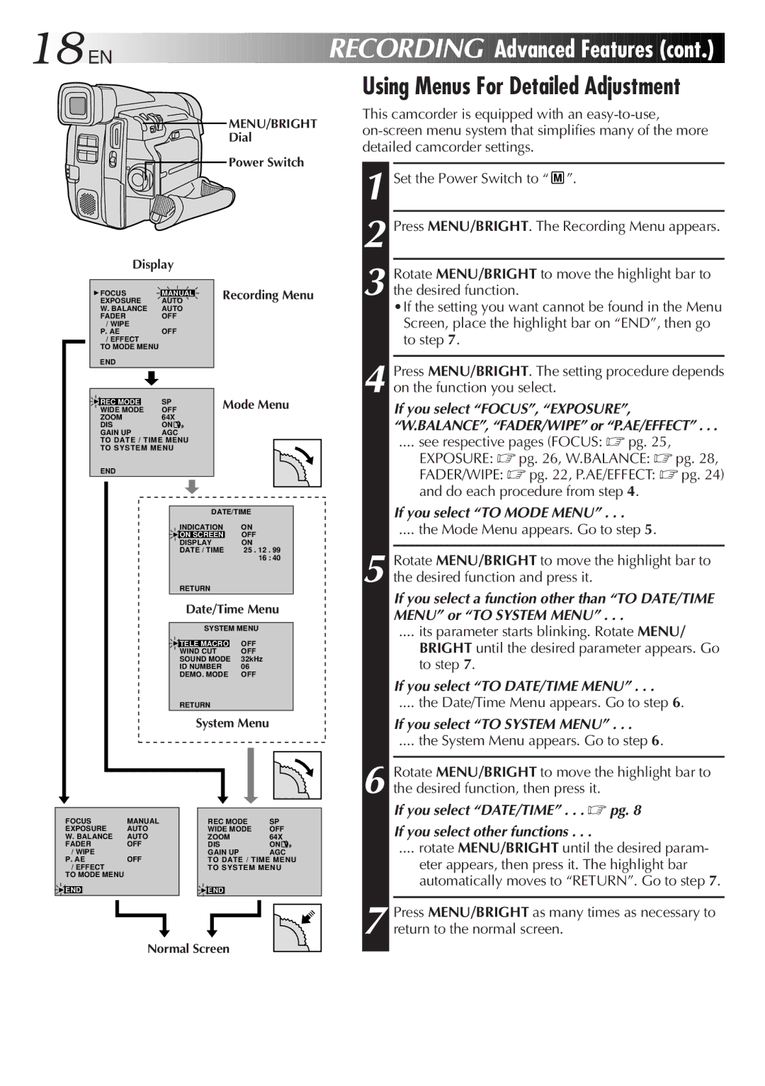 JVC GR-DVL20, GR-DVL25, GR-DVL45, GR-DVL40 specifications Advanced Features, Using Menus For Detailed Adjustment 