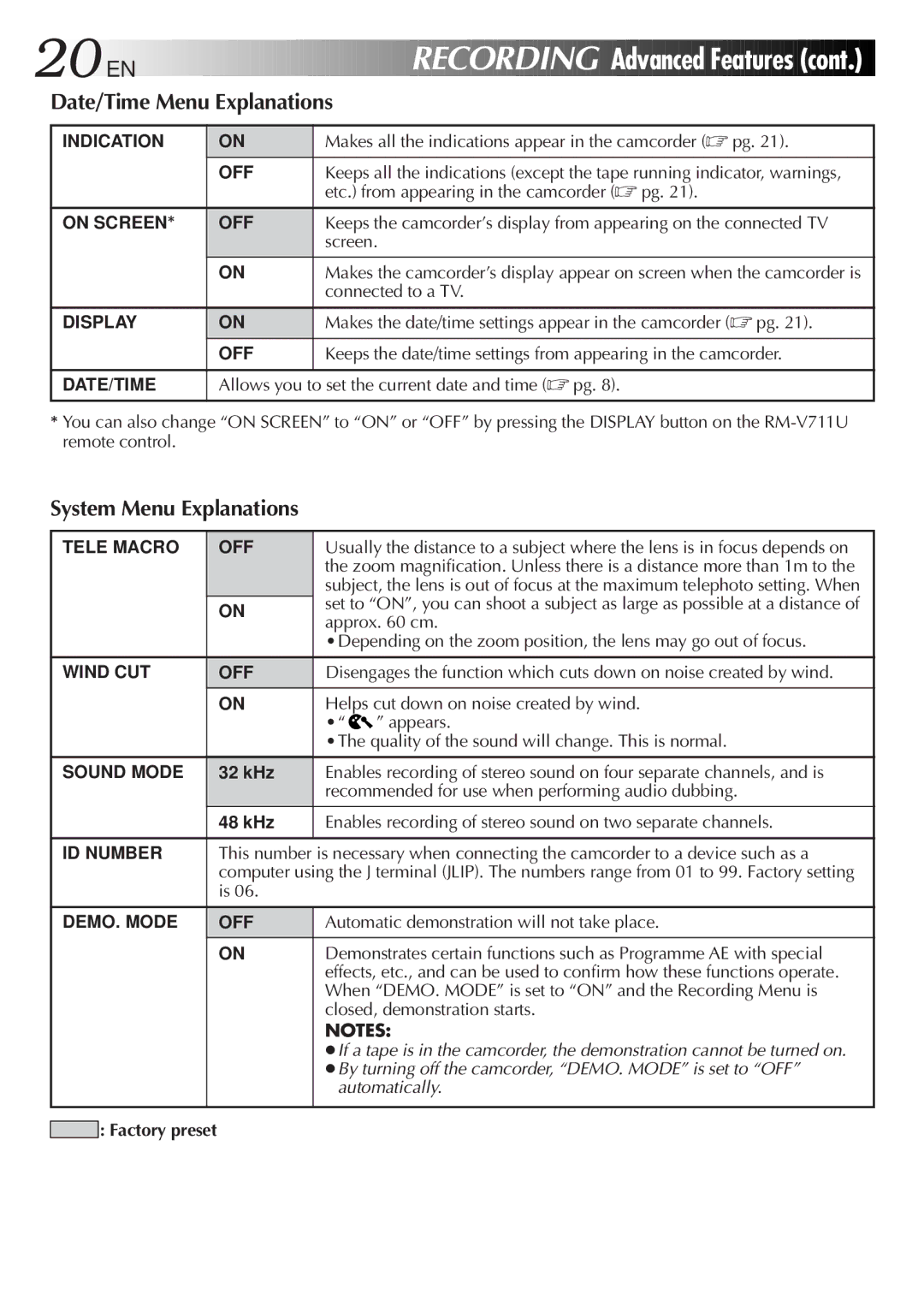 JVC GR-DVL25, GR-DVL45, GR-DVL20, GR-DVL40 Date/Time Menu Explanations, System Menu Explanations, Factory preset 