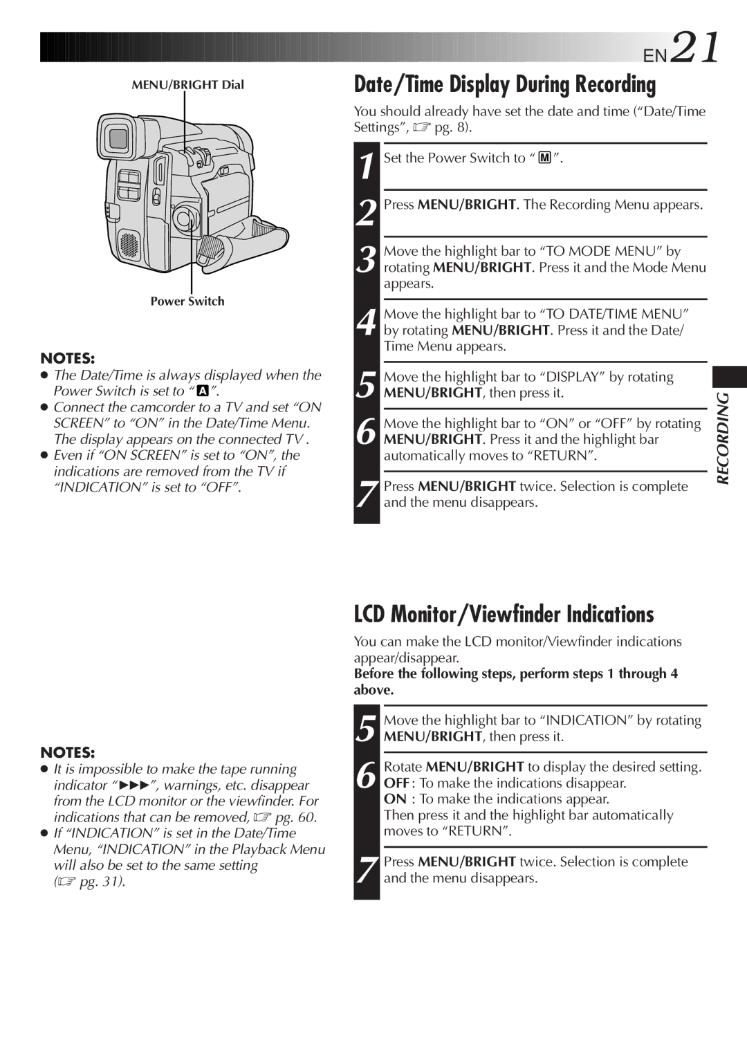 JVC GR-DVL45, GR-DVL25 LCD Monitor/Viewfinder Indications, Before the following steps, perform steps 1 through 4 above 