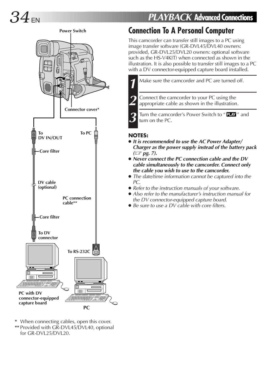 JVC GR-DVL20, GR-DVL25, GR-DVL45, GR-DVL40 34 EN, Playback Advanced Connections, Connection To a Personal Computer 