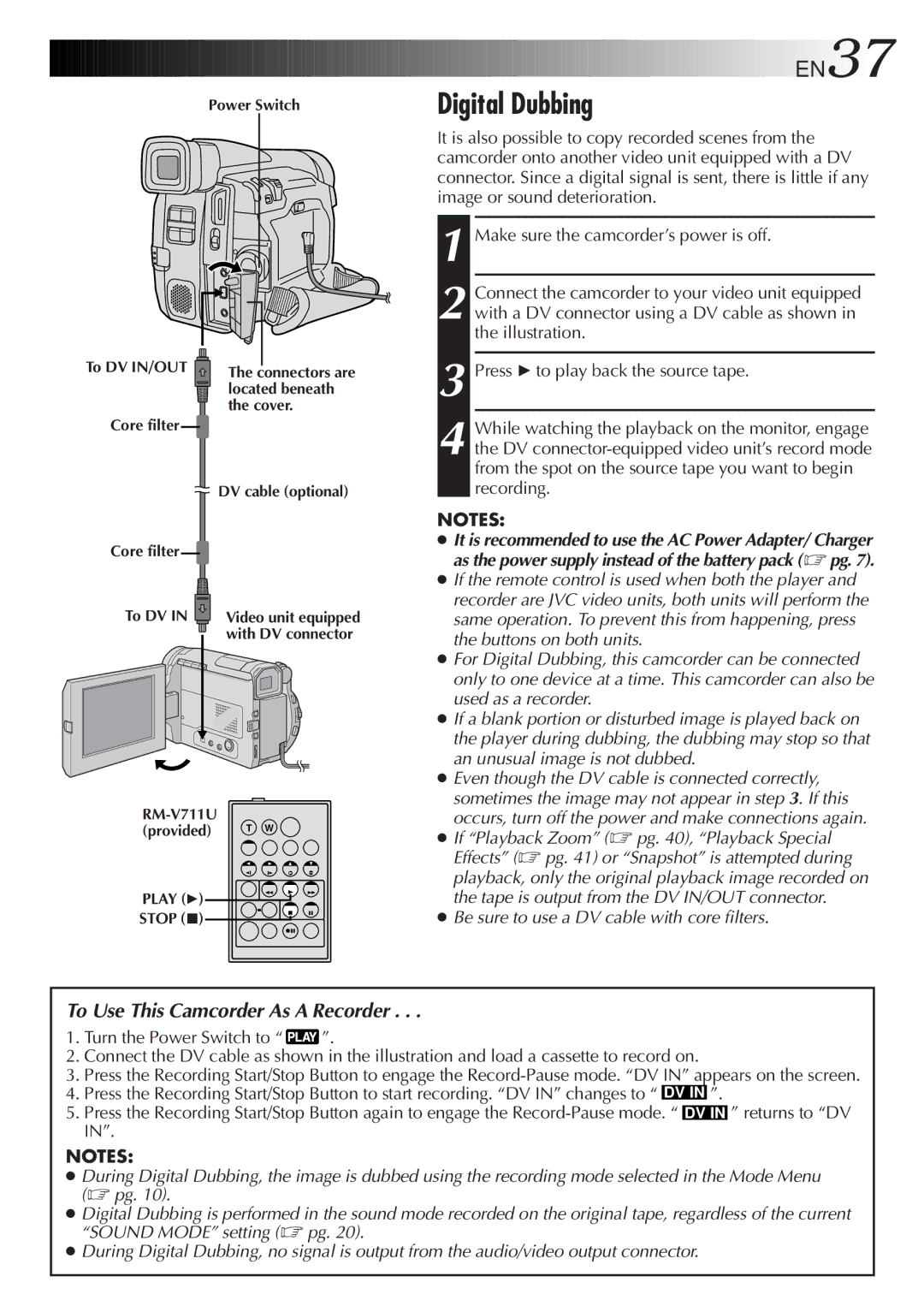 JVC GR-DVL45, GR-DVL25, GR-DVL20, GR-DVL40 specifications Digital Dubbing, EN37 