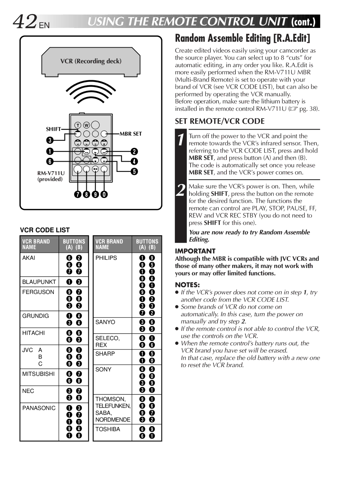 JVC GR-DVL20, GR-DVL25, GR-DVL45, GR-DVL40 42 EN, SET REMOTE/VCR Code, Create edited videos easily using your camcorder as 