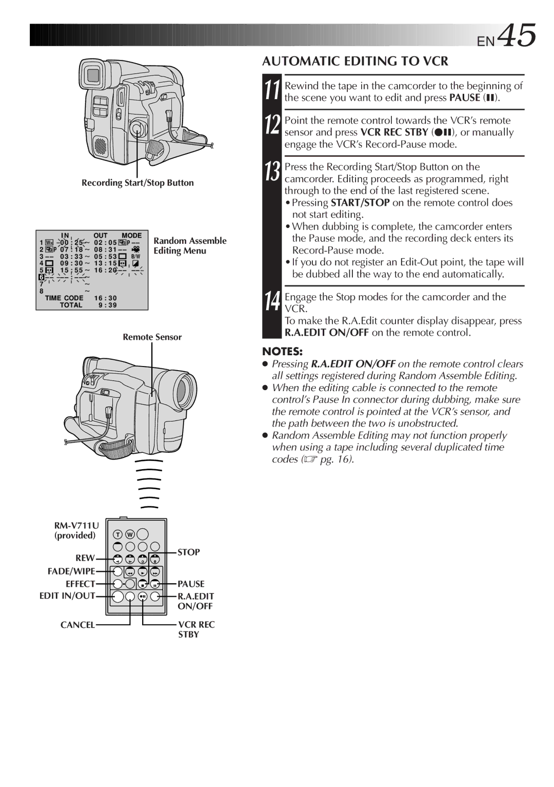 JVC GR-DVL45, GR-DVL25, GR-DVL20, GR-DVL40 specifications EN45, Automatic Editing to VCR, Not start editing 