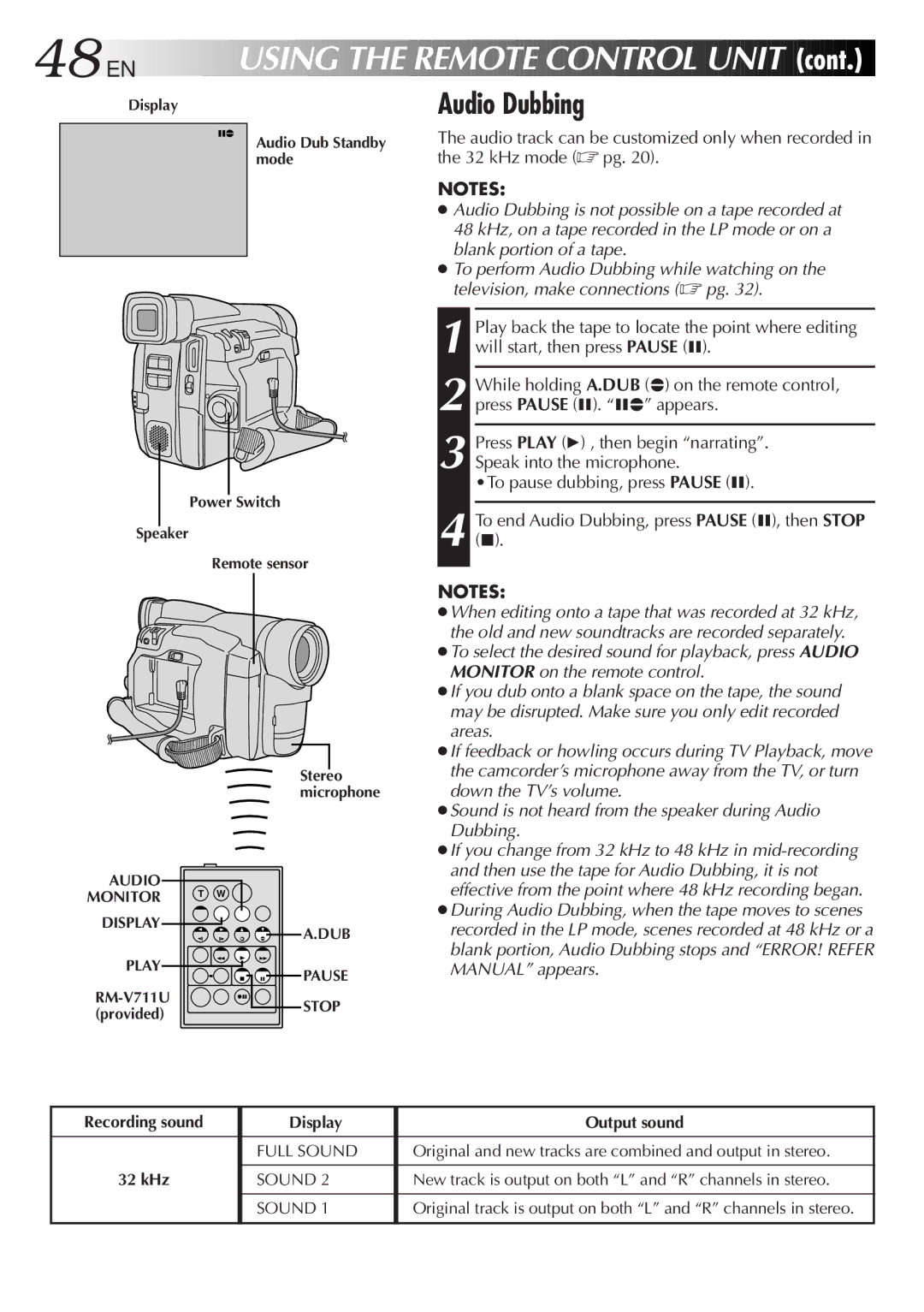 JVC GR-DVL25, GR-DVL45, GR-DVL20, GR-DVL40 specifications 48 EN, Audio Dubbing 