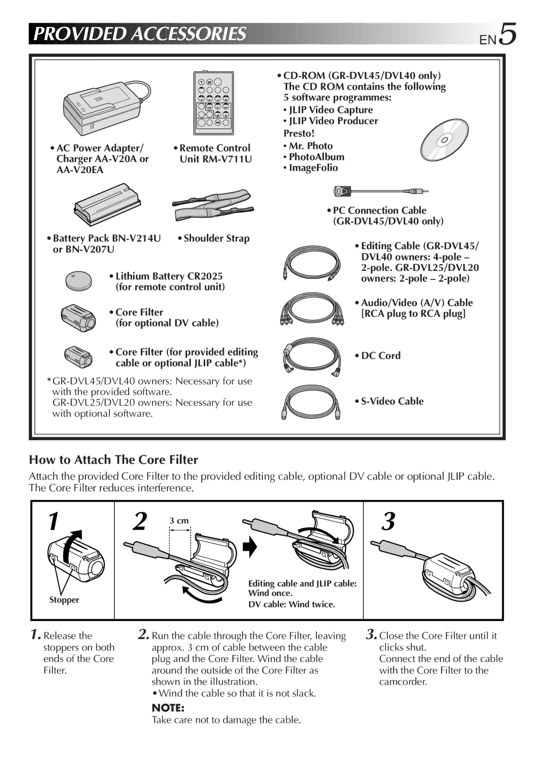 JVC GR-DVL45, GR-DVL25, GR-DVL20, GR-DVL40 specifications EN5, How to Attach The Core Filter 