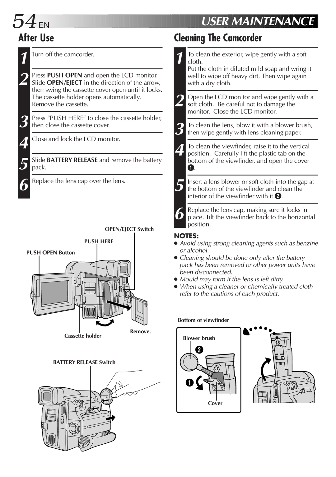 JVC GR-DVL20, GR-DVL25, GR-DVL45, GR-DVL40 specifications After Use, Cleaning The Camcorder, Turn off the camcorder 