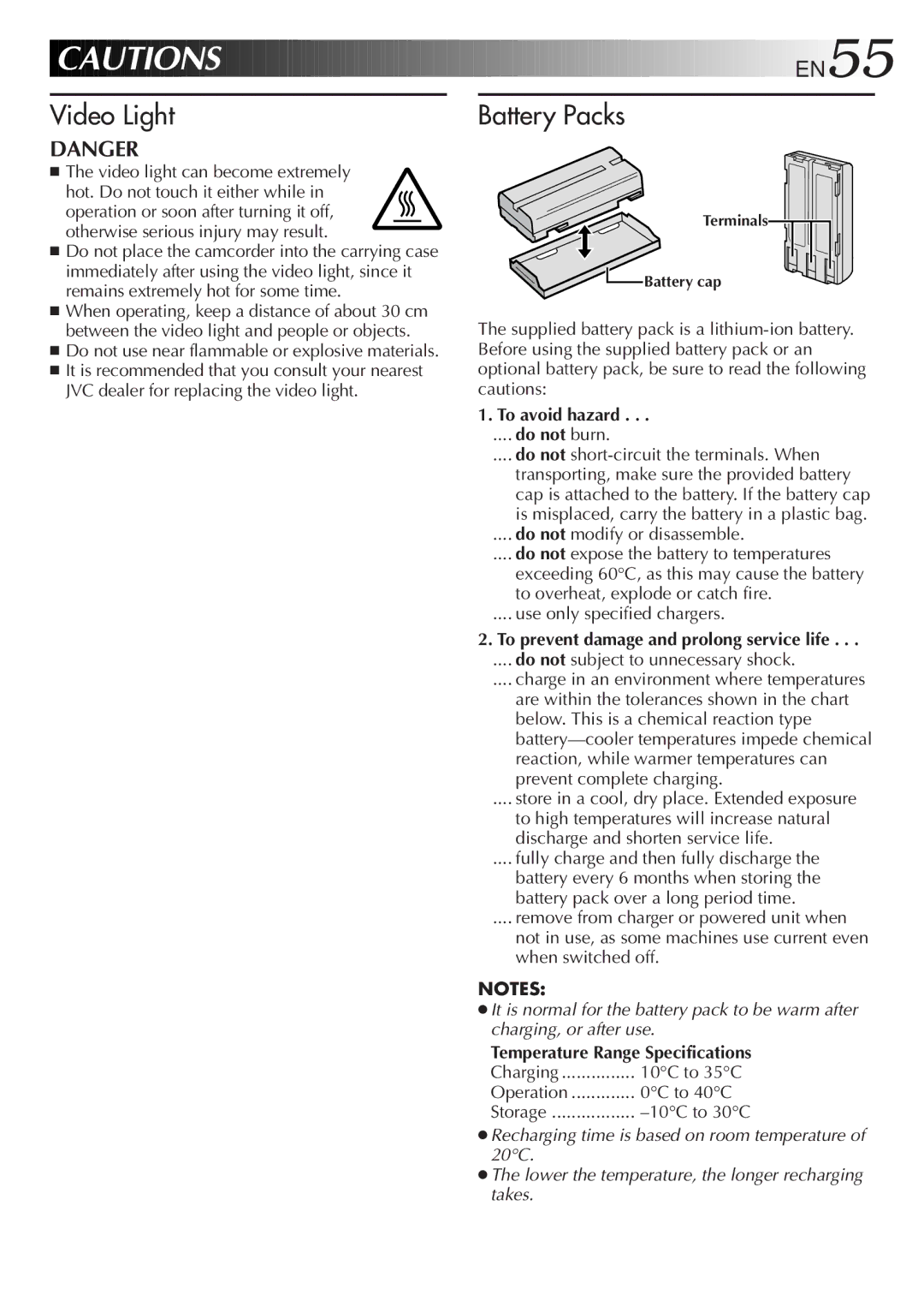 JVC GR-DVL40, GR-DVL25, GR-DVL45, GR-DVL20 EN55, To avoid hazard, Do not burn, To prevent damage and prolong service life 