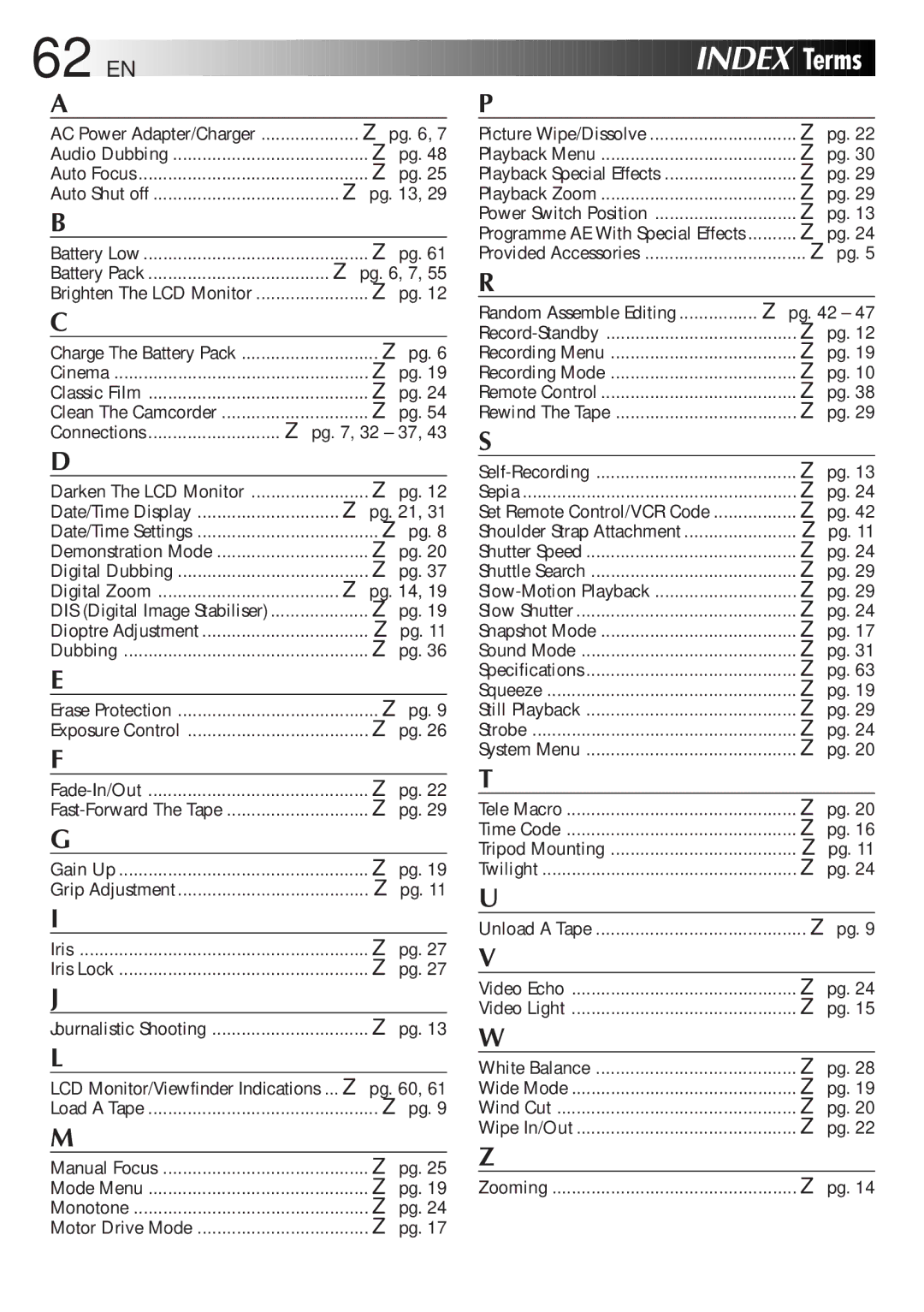 JVC GR-DVL20, GR-DVL25, GR-DVL45, GR-DVL40 specifications 62 EN 