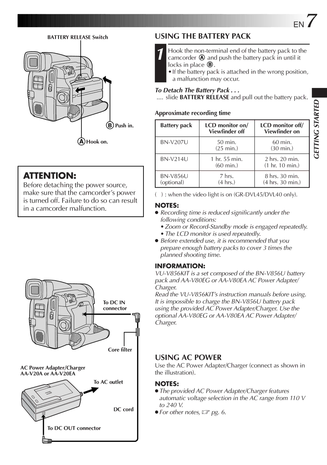 JVC GR-DVL40, GR-DVL25 EN7, Using the Battery Pack, Using AC Power, To Detach The Battery Pack, Approximate recording time 