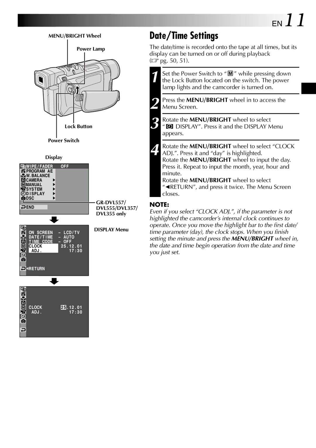 JVC GR-DVL257 specifications Date/Time Settings, EN11, MENU/BRIGHT Wheel Power Lamp Lock Button Power Switch, Display 