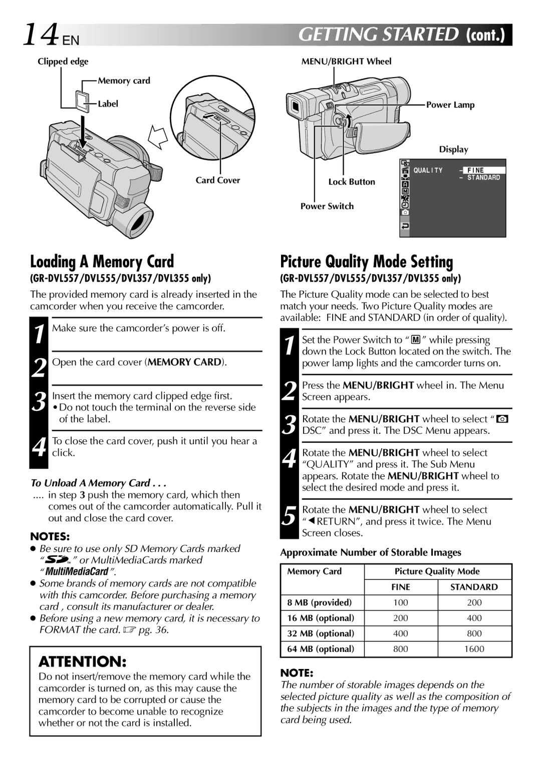 JVC GR-DVL257 specifications Loading a Memory Card, Picture Quality Mode Setting, GR-DVL557/DVL555/DVL357/DVL355 only 