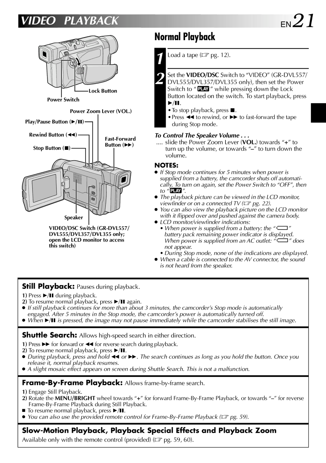 JVC GR-DVL257 specifications Video Playback, Normal Playback, EN21, To Control The Speaker Volume 