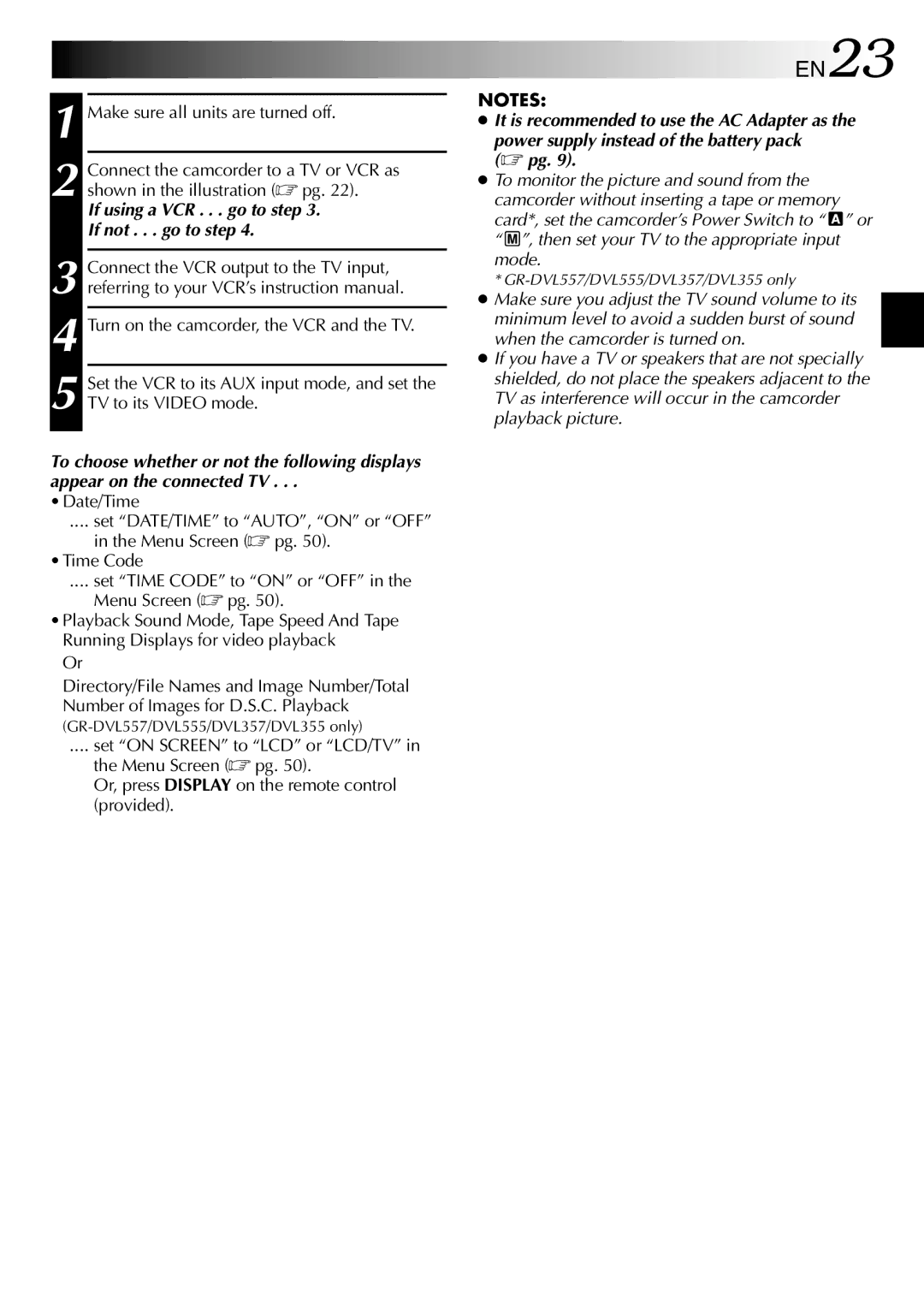 JVC GR-DVL257 specifications EN23, If using a VCR . . . go to step If not . . . go to step 