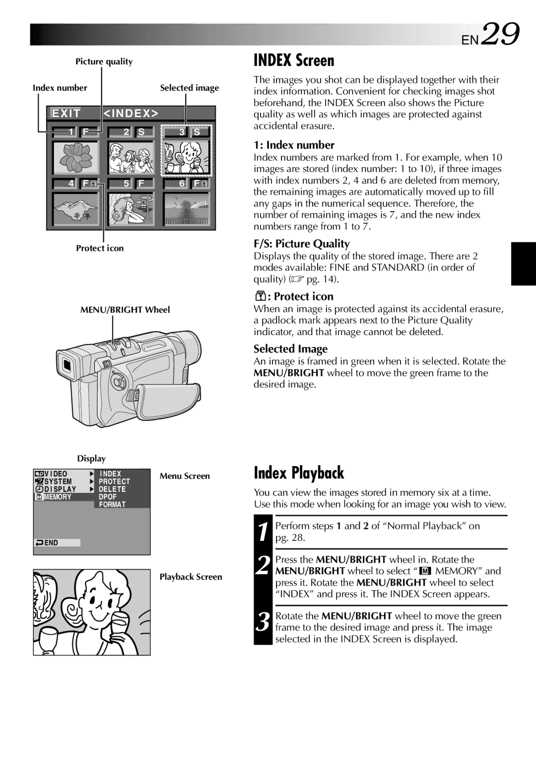 JVC GR-DVL257 specifications Index Screen, Index Playback, EN29 