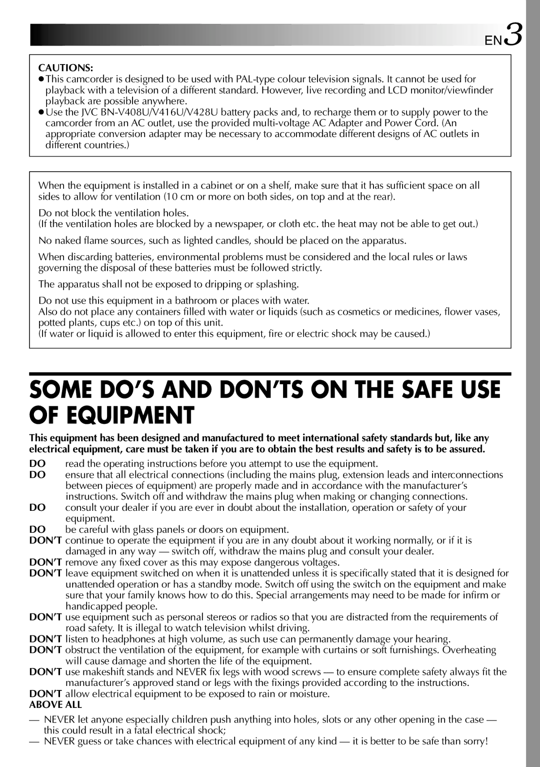 JVC GR-DVL257 specifications Some DO’S and DON’TS on the Safe USE of Equipment 