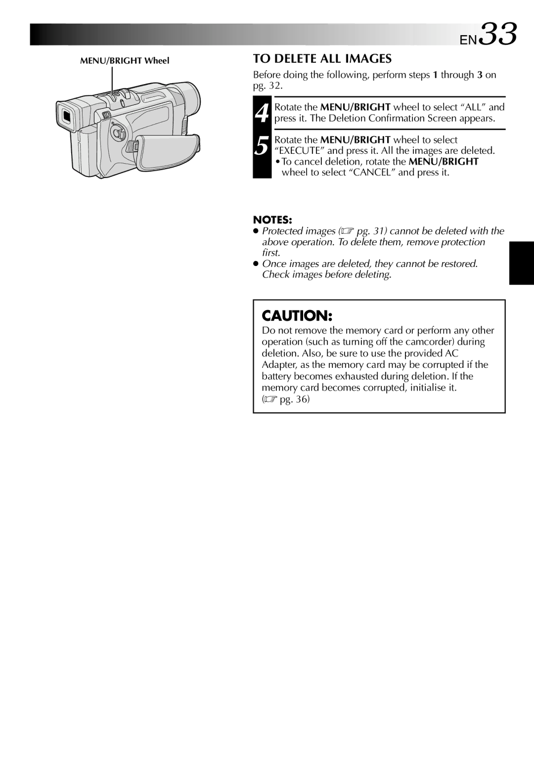 JVC GR-DVL257 specifications EN33, To Delete ALL Images, Before doing the following, perform steps 1 through 3 on pg 