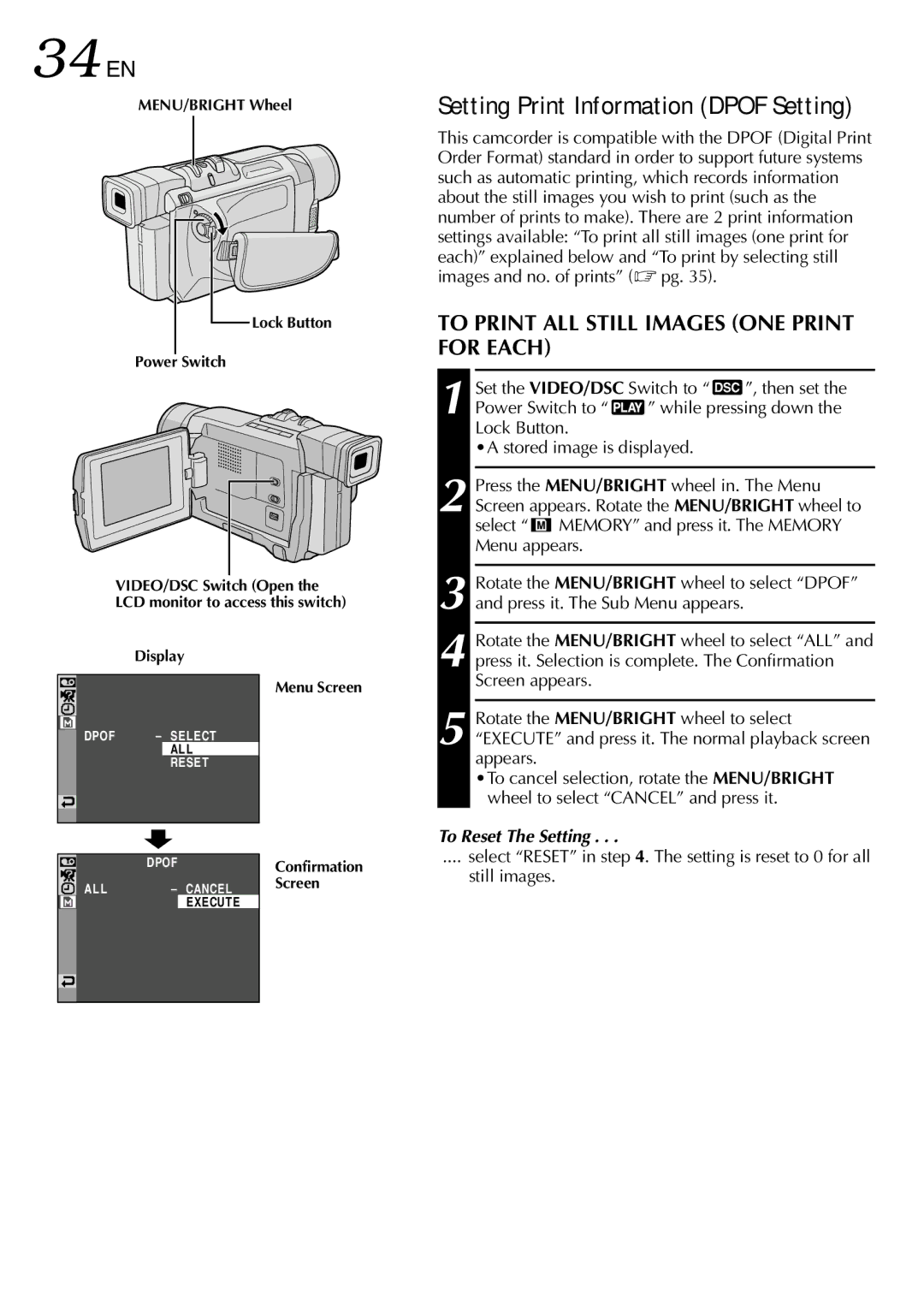 JVC GR-DVL257 specifications 34 EN, To Print ALL Still Images ONE Print for Each, To Reset The Setting 