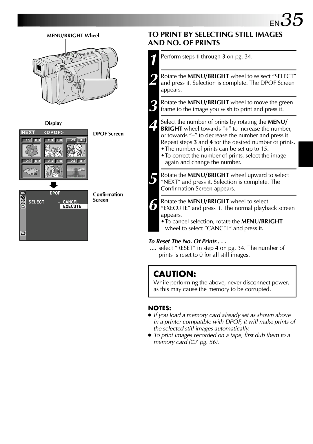 JVC GR-DVL257 EN35, To Print by Selecting Still Images and NO. of Prints, To Reset The No. Of Prints, Dpof Screen 