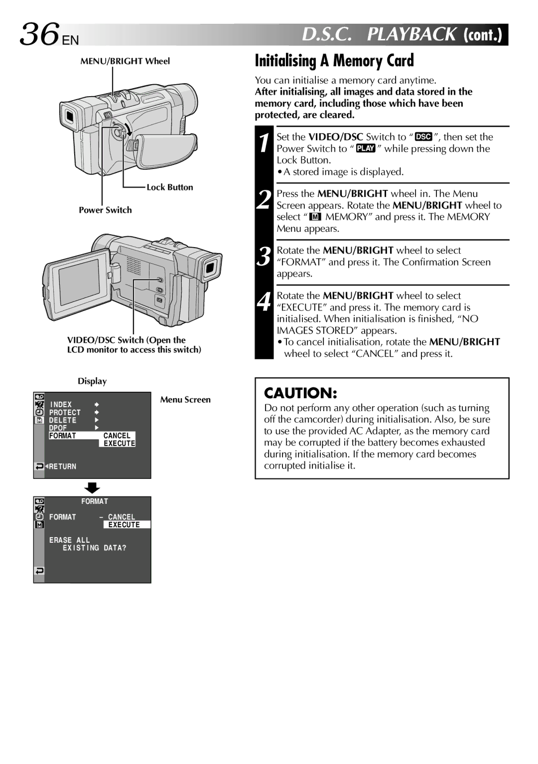 JVC GR-DVL257 specifications 36 EN, Initialising a Memory Card, You can initialise a memory card anytime 