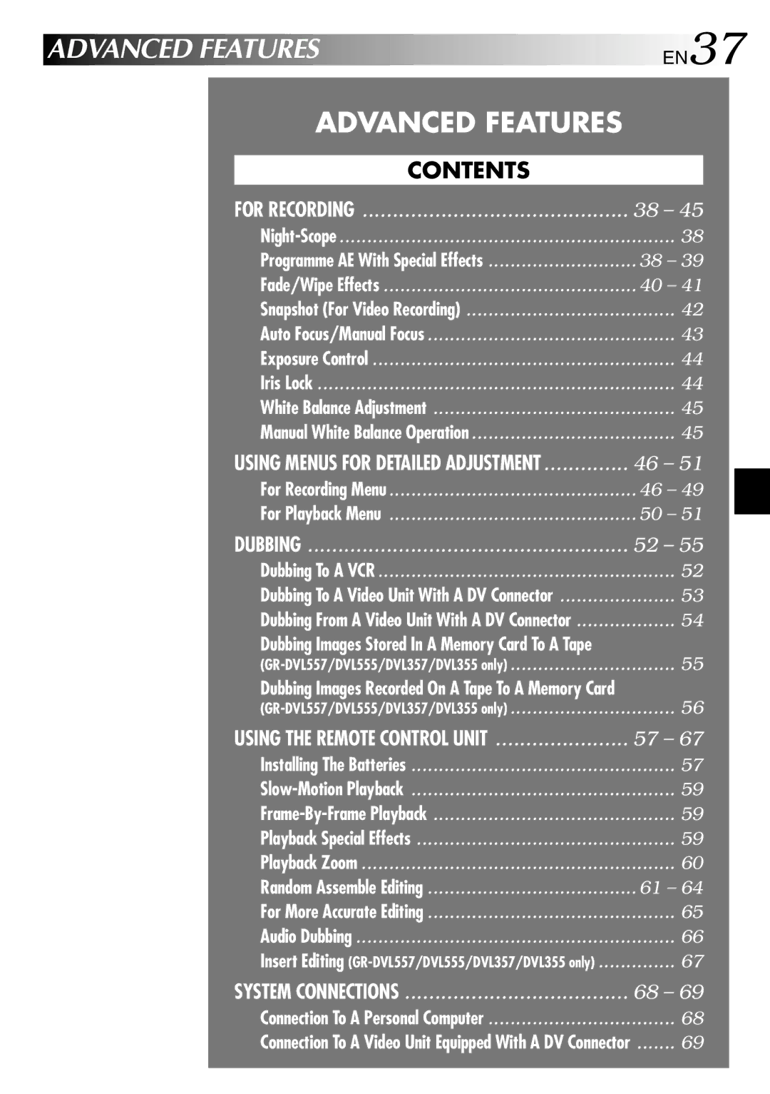 JVC GR-DVL257 specifications Advanced Features, For Recording 