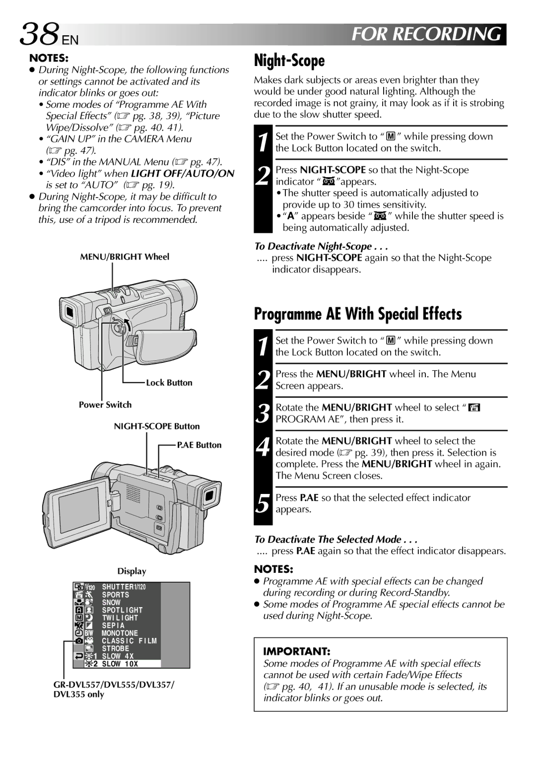 JVC GR-DVL257 specifications 38 EN, For Recording, Night-Scope, Programme AE With Special Effects 