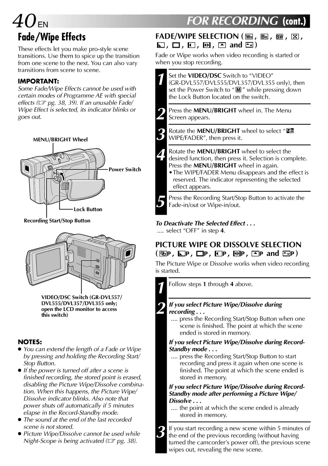 JVC GR-DVL257 specifications 40 EN, Fade/Wipe Effects, FADE/WIPE Selection, Picture Wipe or Dissolve Selection 