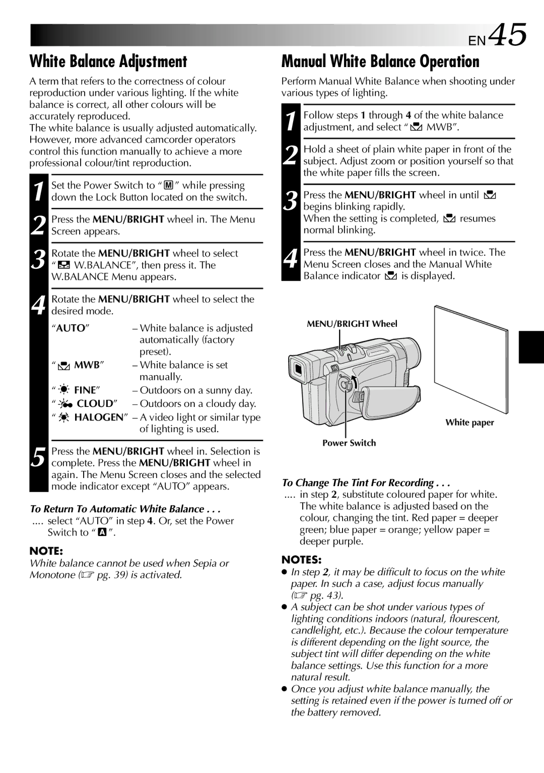 JVC GR-DVL257 White Balance Adjustment, Manual White Balance Operation, EN45, To Return To Automatic White Balance 