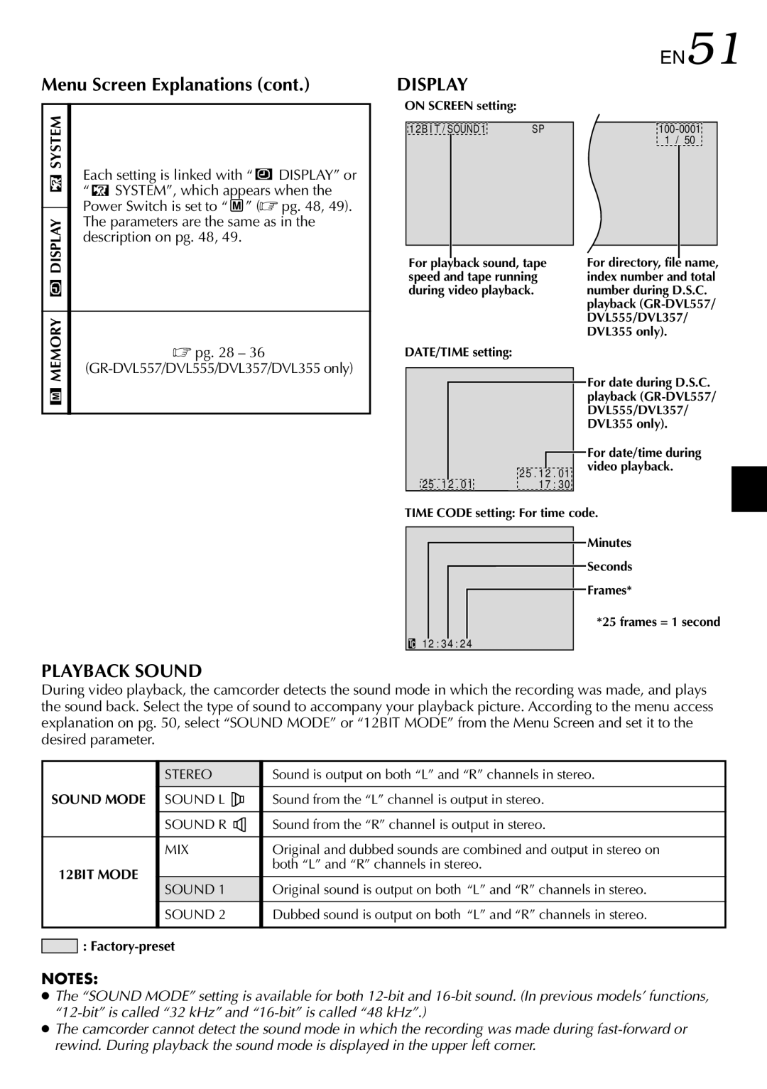 JVC GR-DVL257 specifications Display, EN51, Playback Sound 