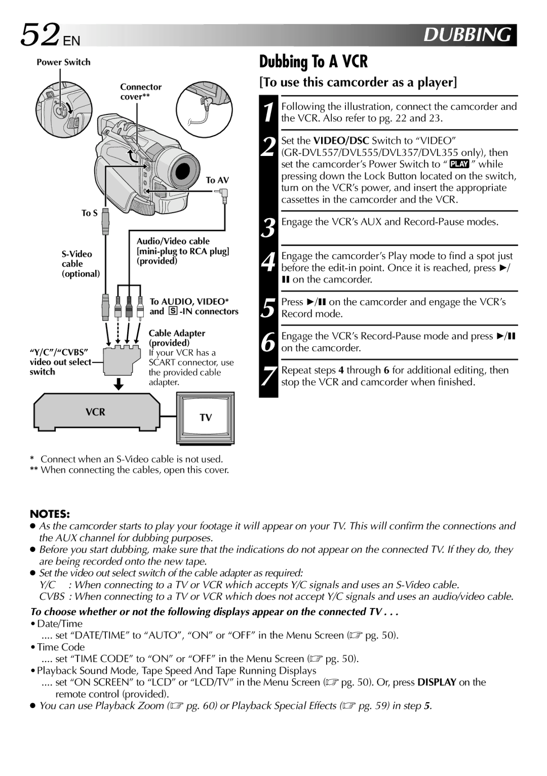 JVC GR-DVL257 specifications 52 EN, Dubbing To a VCR, To use this camcorder as a player 