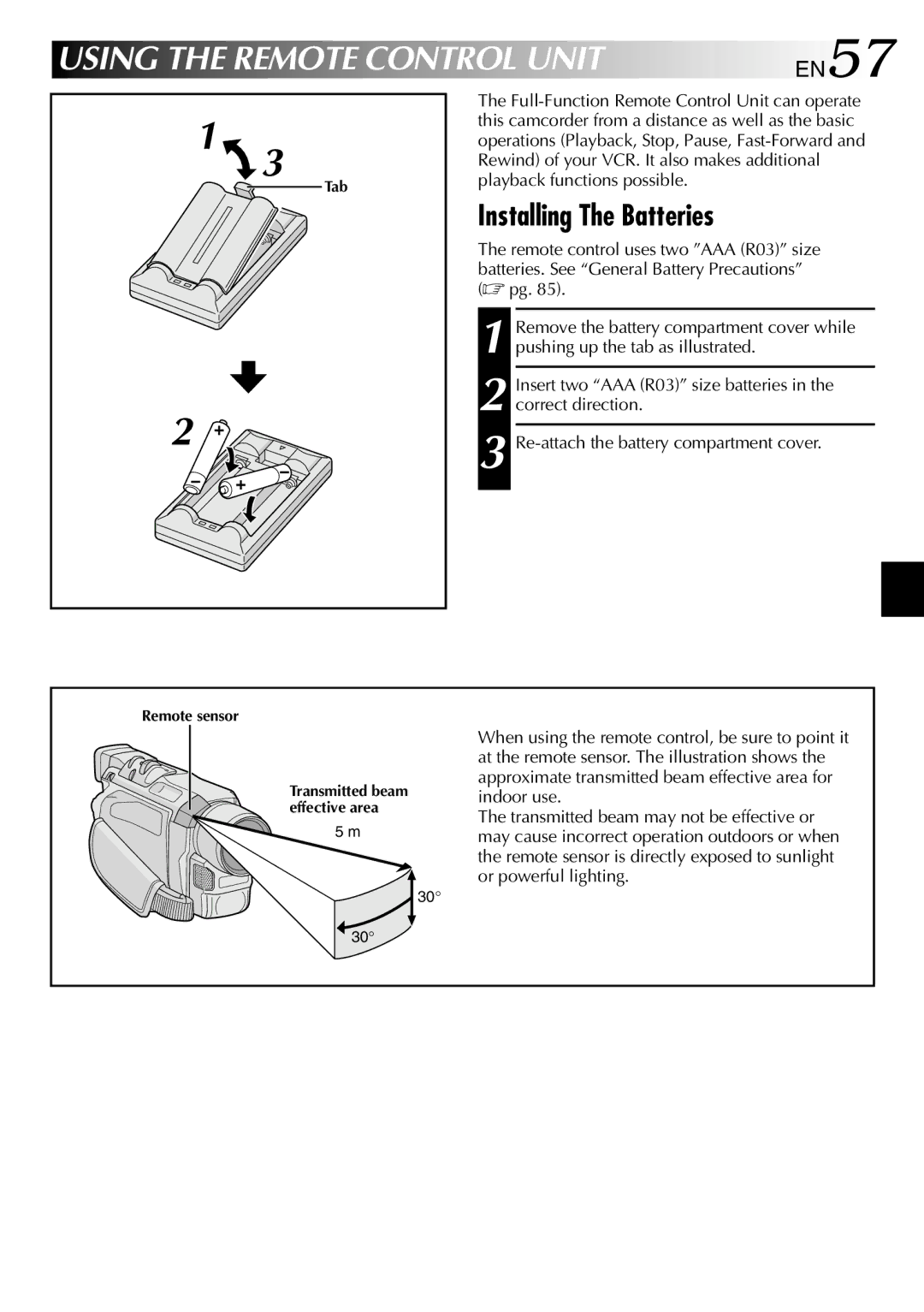 JVC GR-DVL257 specifications Using the Remote Control Unit, Installing The Batteries, EN57, Tab, Remote sensor 