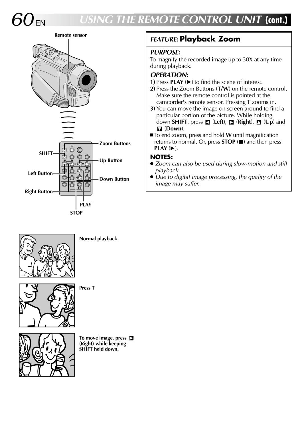 JVC GR-DVL257 60 EN, Feature Playback Zoom, Press Play 4 to find the scene of interest, Down SHIFT, press Left, Right, Up 