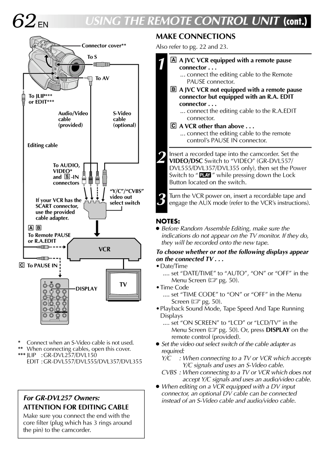 JVC GR-DVL257 specifications 62 EN, Make Connections, JVC VCR equipped with a remote pause connector, VCR other than above 