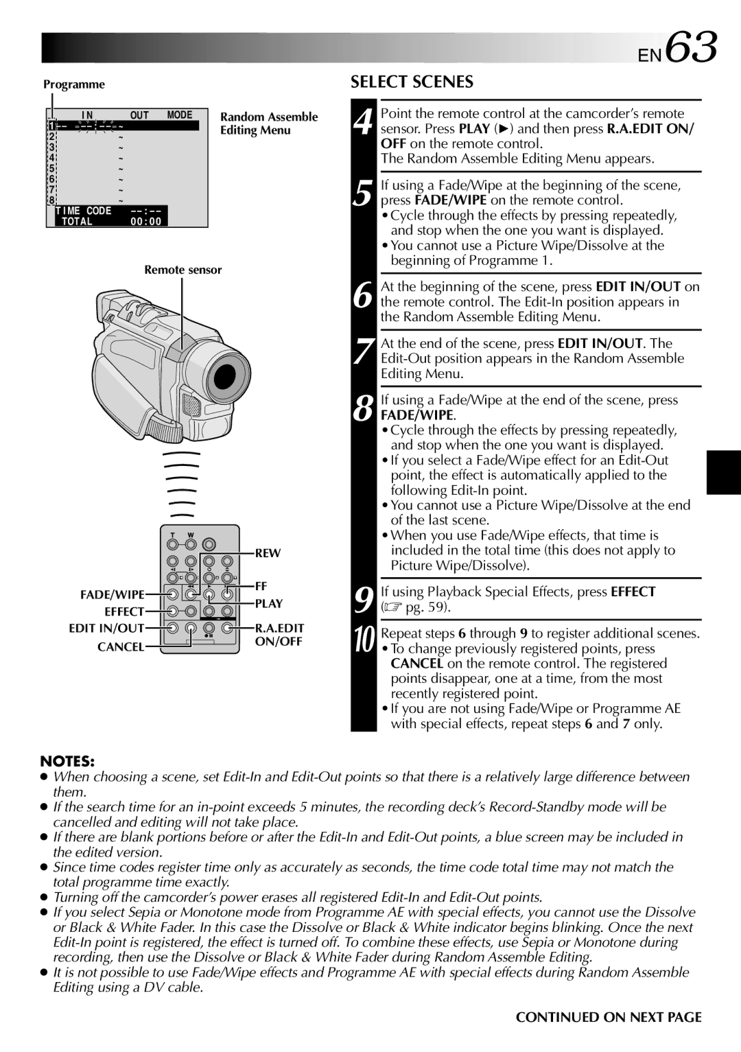 JVC GR-DVL257 specifications EN63, Select Scenes, Editing Menu 