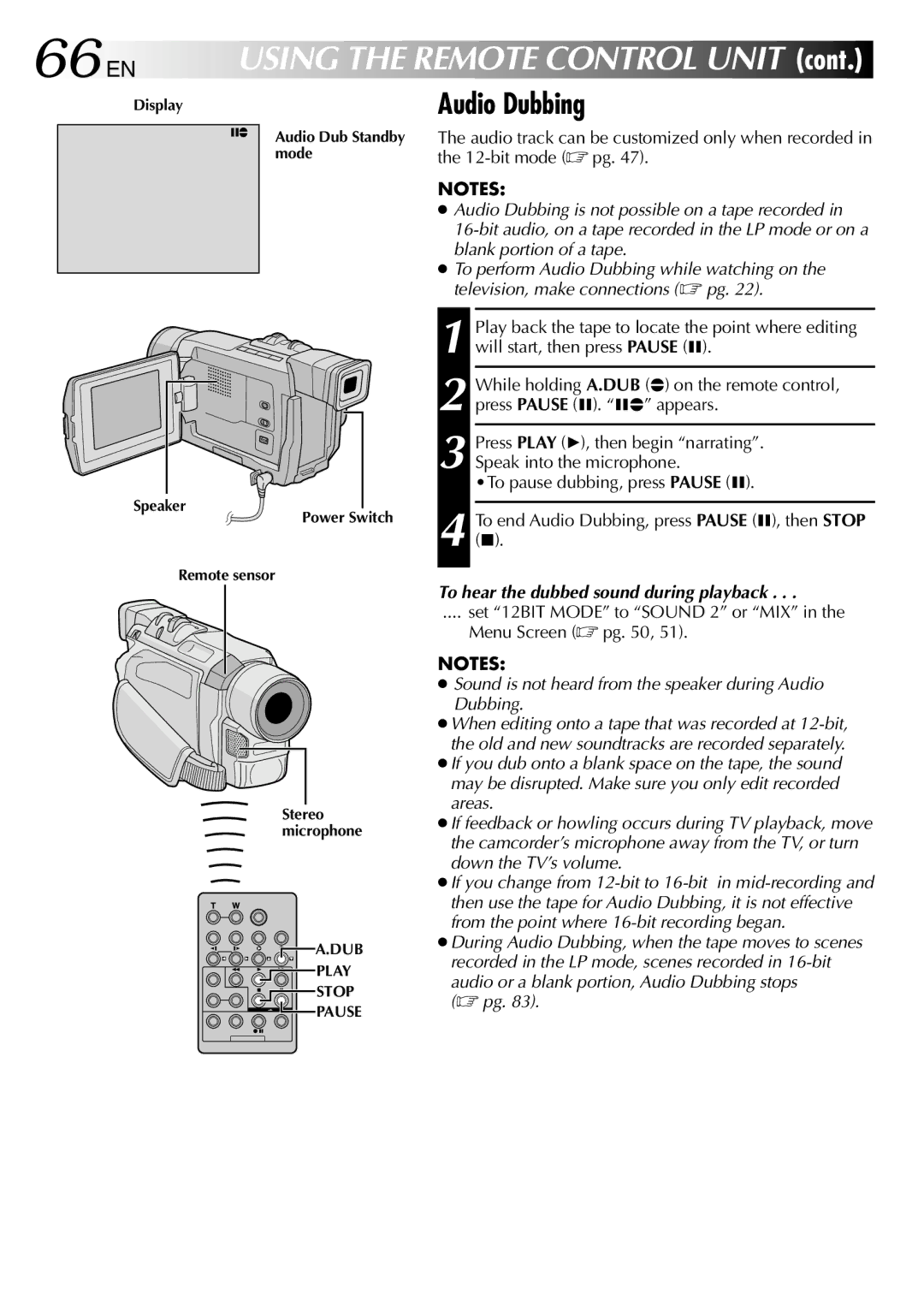 JVC GR-DVL257 specifications 66 EN, Audio Dubbing, To hear the dubbed sound during playback 