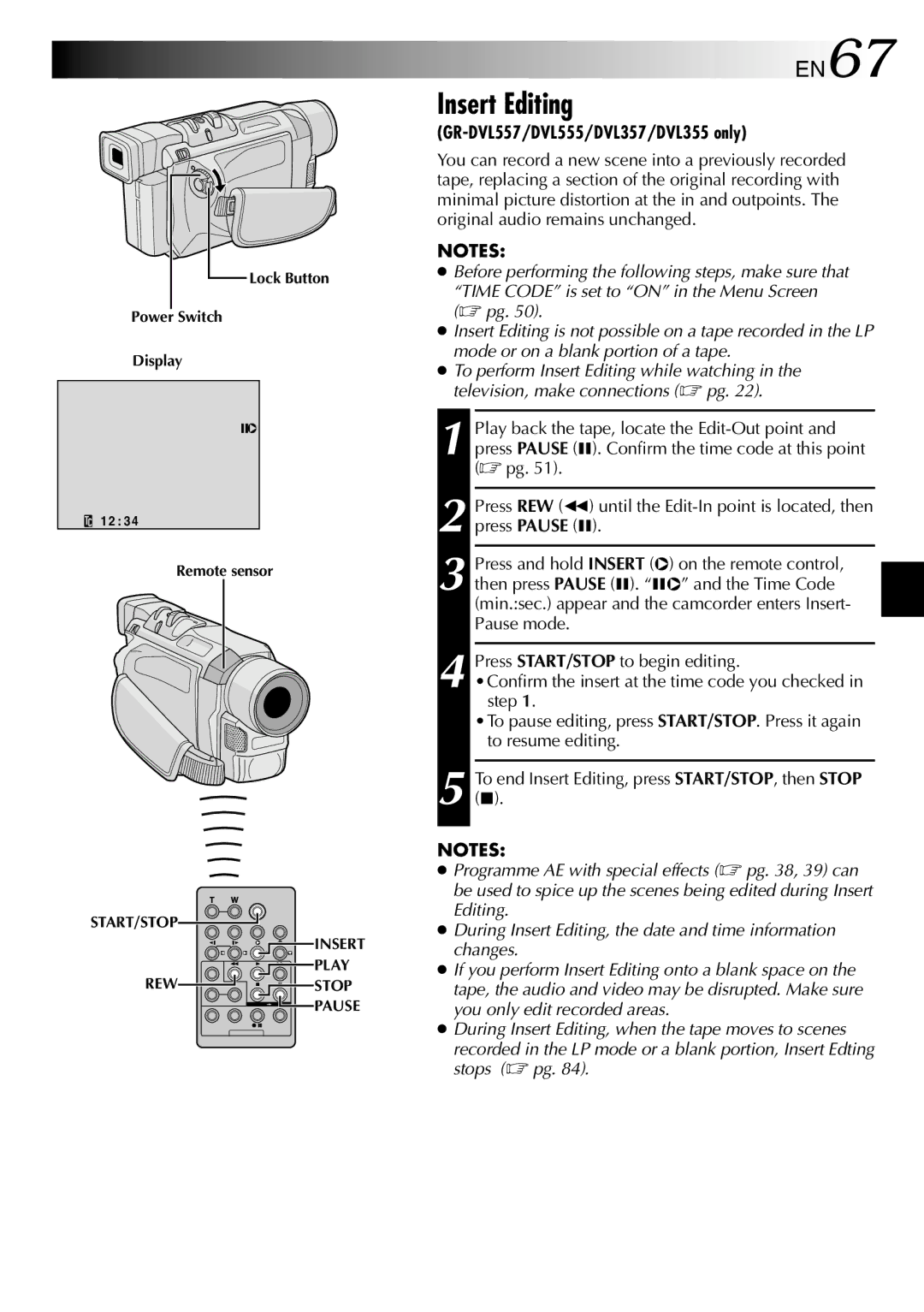 JVC GR-DVL257 specifications Insert Editing, EN67, Lock Button Power Switch Display Remote sensor 