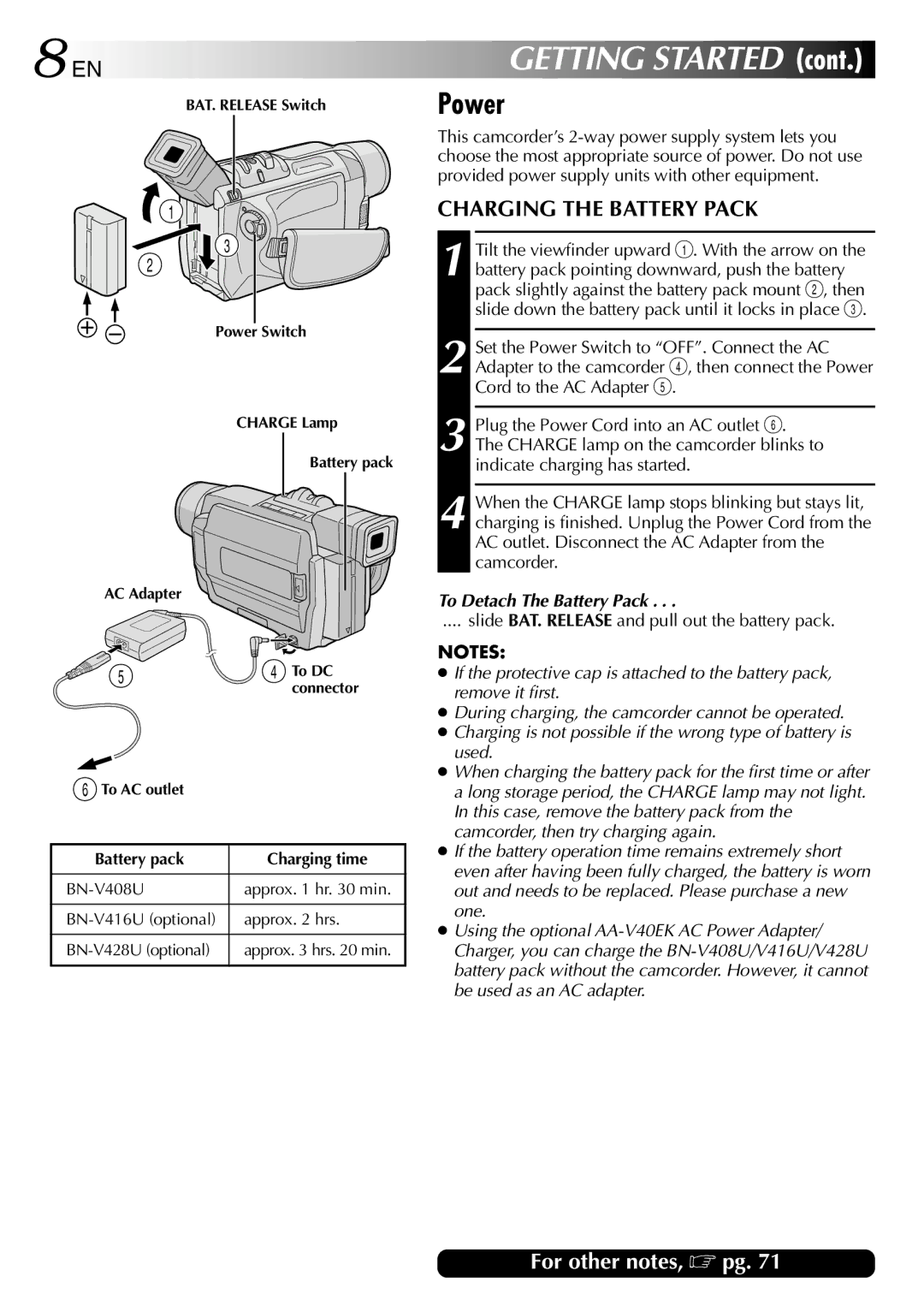 JVC GR-DVL257 specifications Power, Charging the Battery Pack, To Detach The Battery Pack 