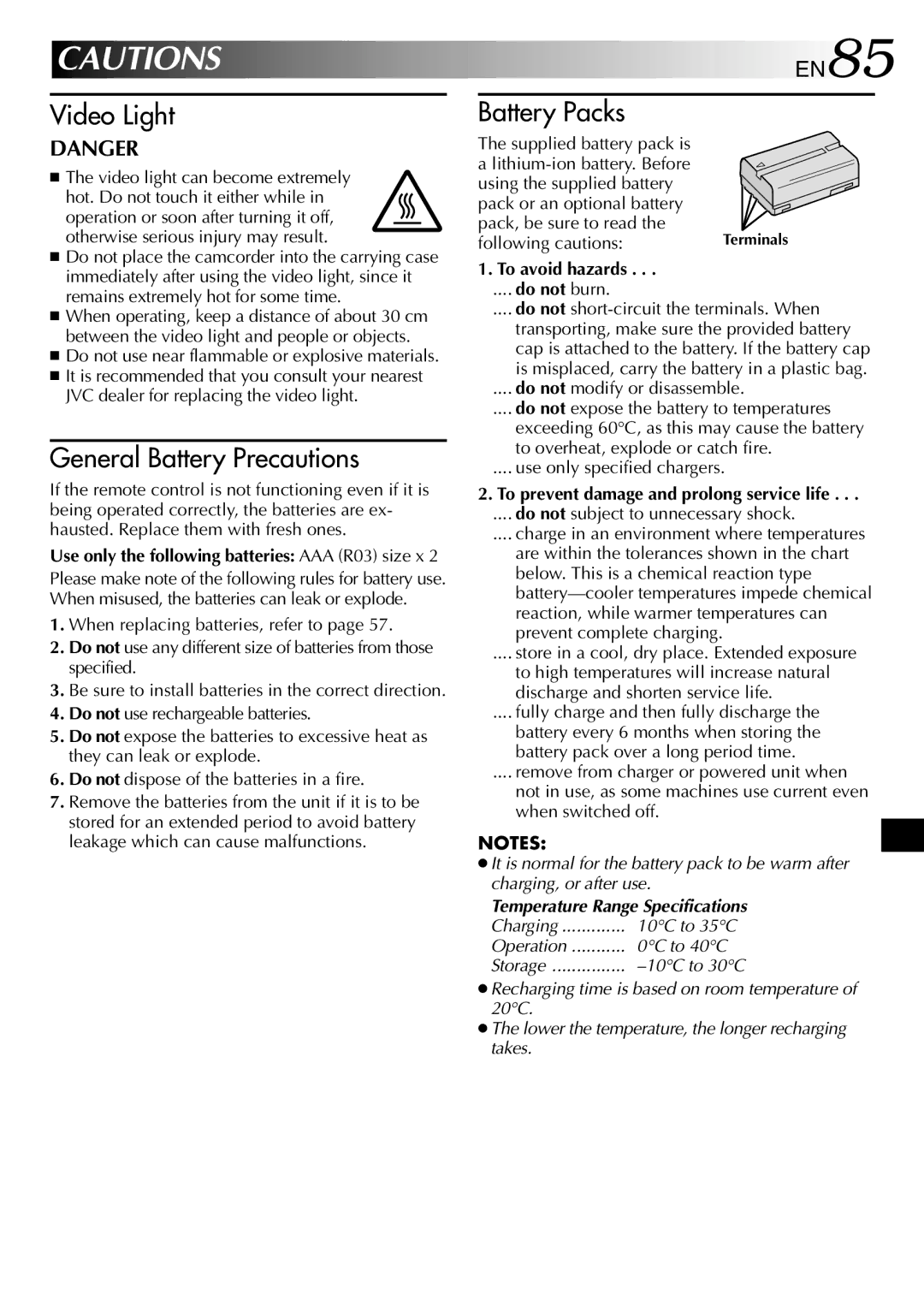 JVC GR-DVL257 specifications EN85, To avoid hazards, To prevent damage and prolong service life 