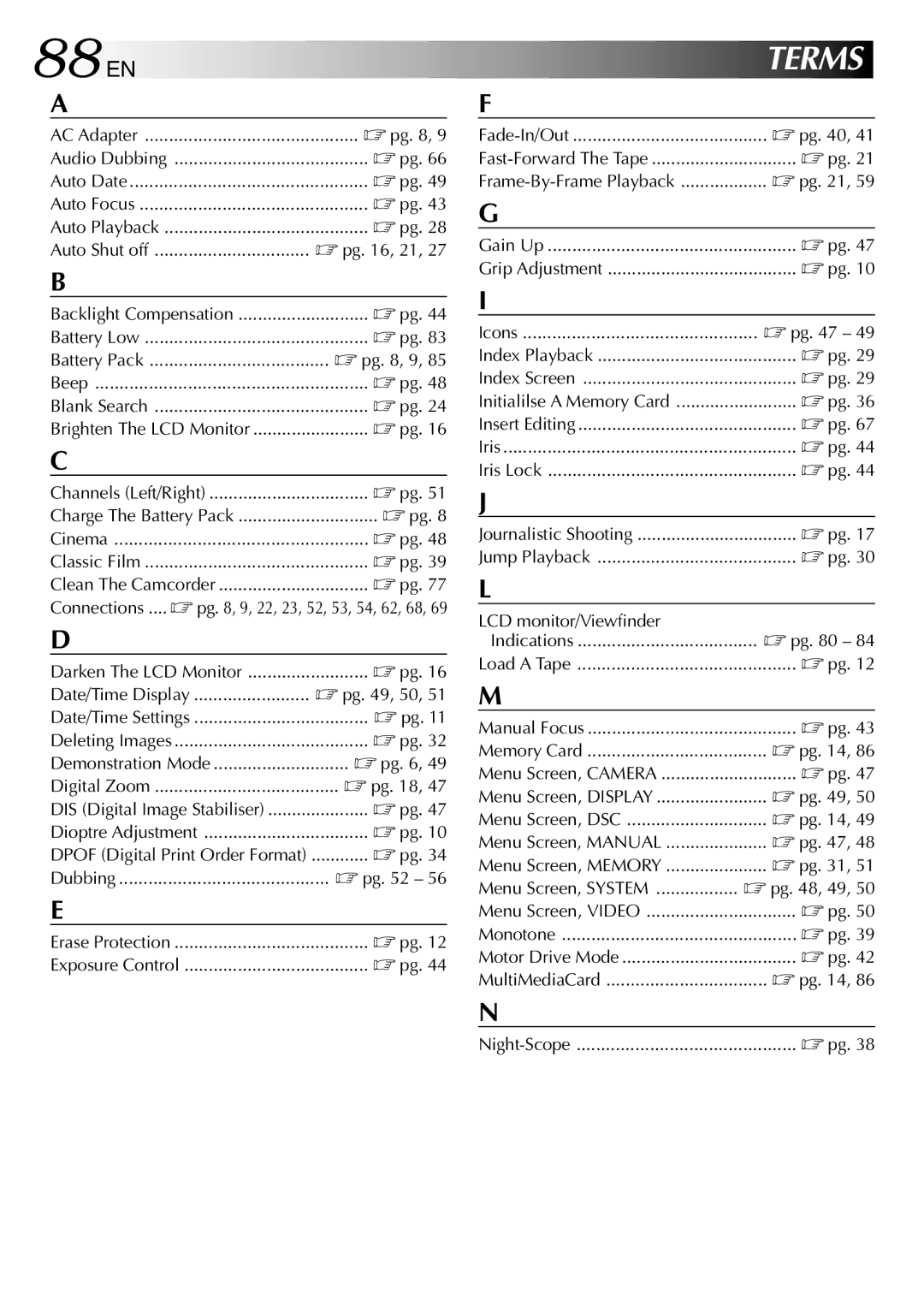 JVC GR-DVL257 specifications 88 EN, Terms 