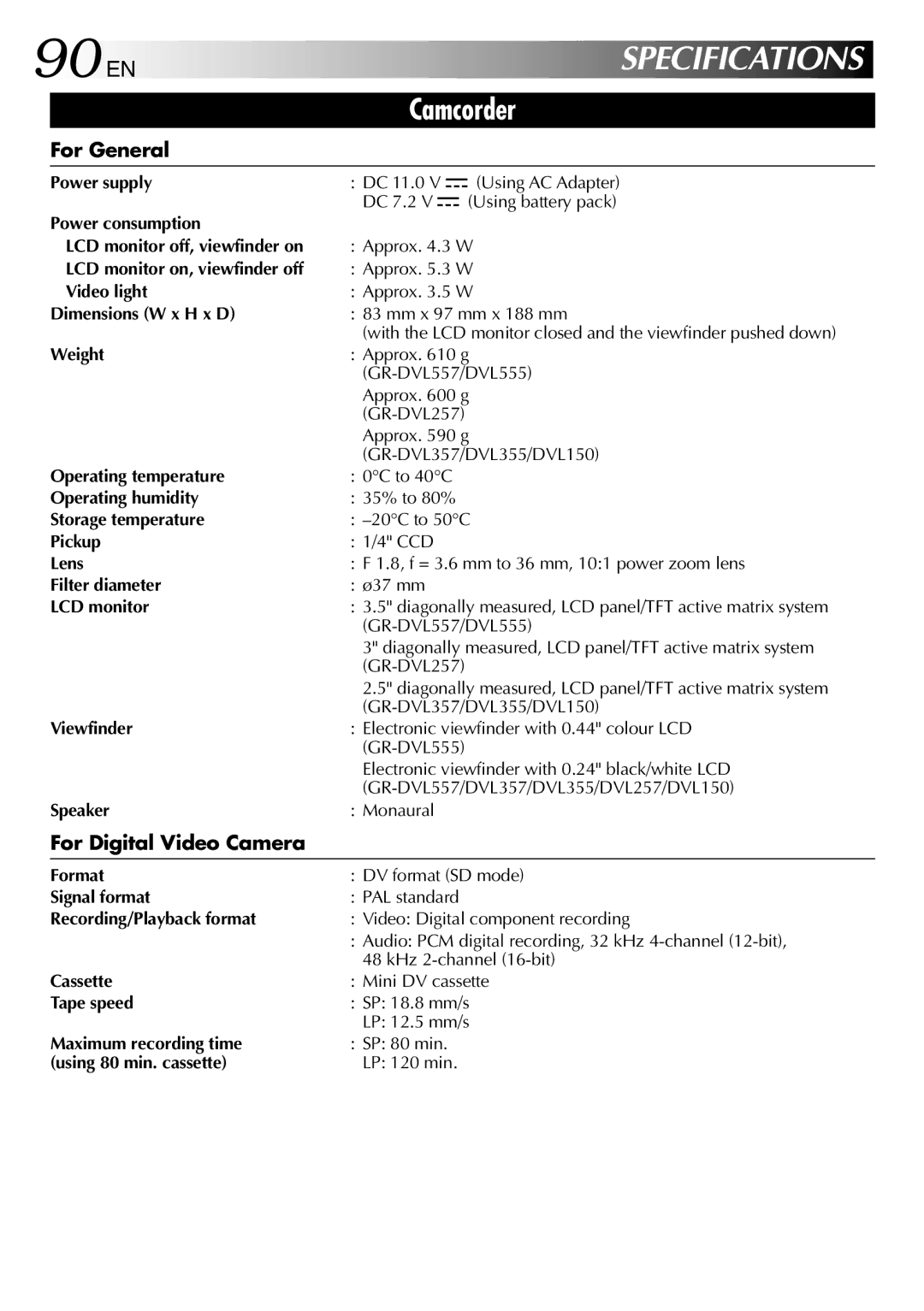 JVC GR-DVL257 specifications 90 EN, For General, For Digital Video Camera 