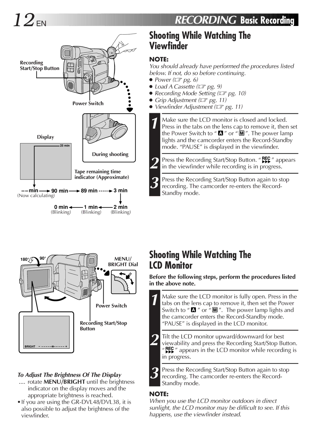 JVC GR-DVL28, GR-DVL33 12 EN, Basic Recording, Shooting While Watching Viewfinder, To Adjust The Brightness Of The Display 